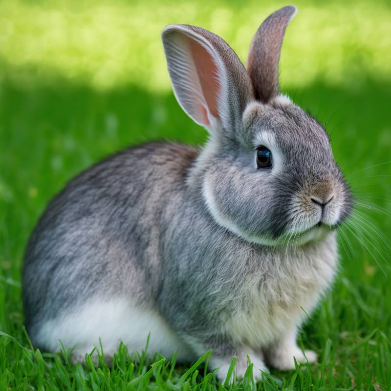 american chinchilla rabbit sitting on bright green grass meadow