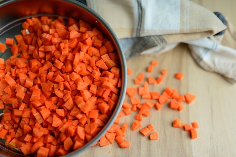 Diced carrots in a pan