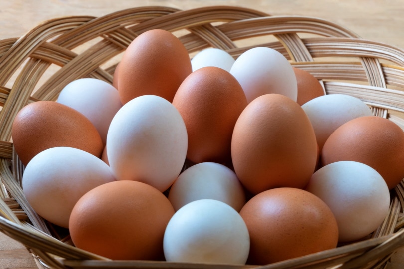 टोकरी में बत्तख और मुर्गी के अंडे