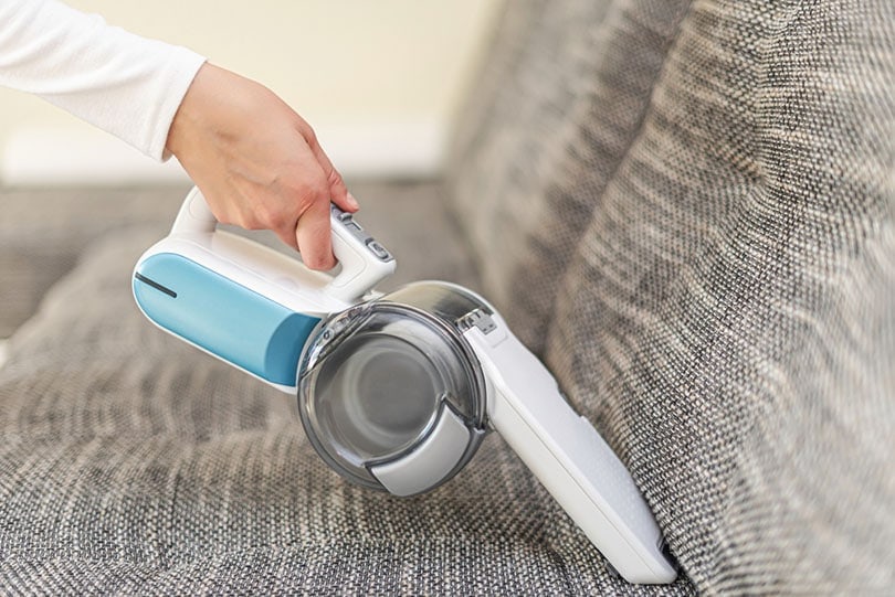 a woman vacuuming furniture in a house with a hand-held portable vacuum cleaner
