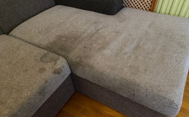 stained gray sofa