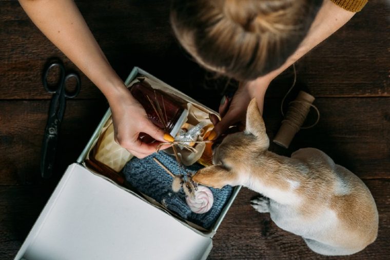 pet owner opening subscription box with her dog