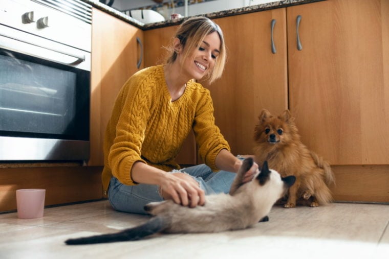 woman playing with her pets