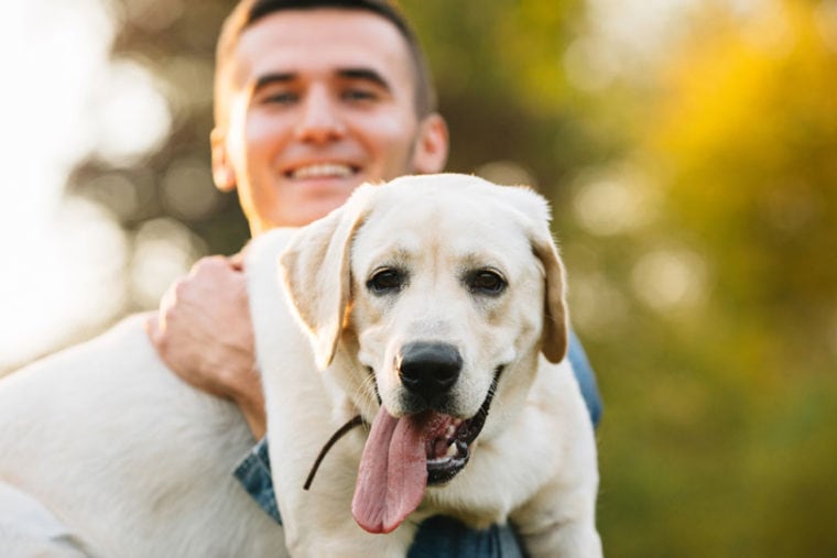 hombre sosteniendo a su perro labrador y sonriendo al atardecer