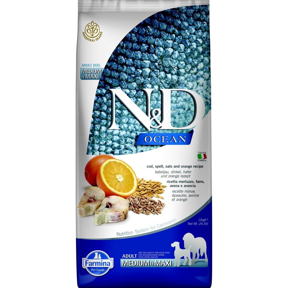 Farmina N&D Ocean Codfish & Orange Ancestral Grain Medium & Maxi Adulto Dry Dog Food (1)