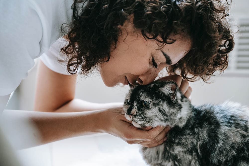 Woman touching cat with nose