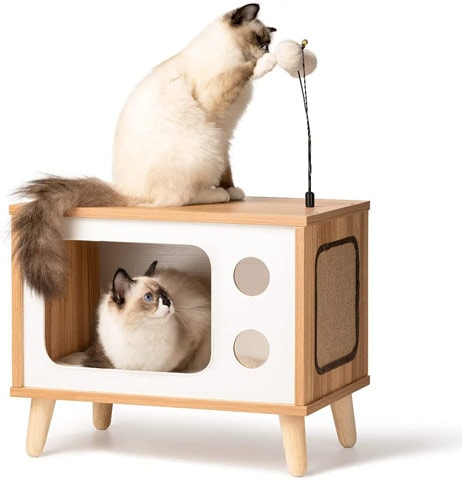 Cat House Wooden Cat Condo Cat Bed Indoor TV-Shaped Sturdy Large Luxury Cat Shelter