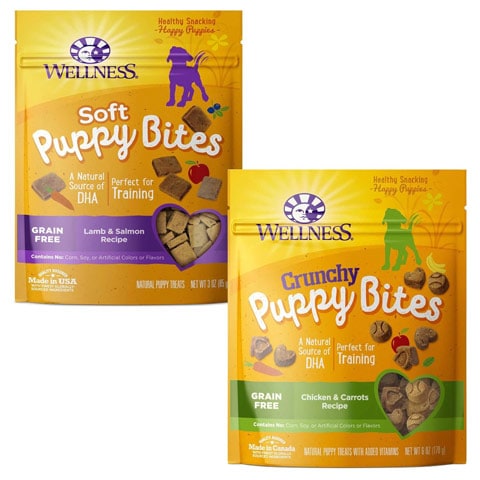 Wellness Soft Puppy Bites Receta de cordero y salmón + Crunchy Puppy Bites Receta de pollo y zanahorias Golosinas para perros sin cereales