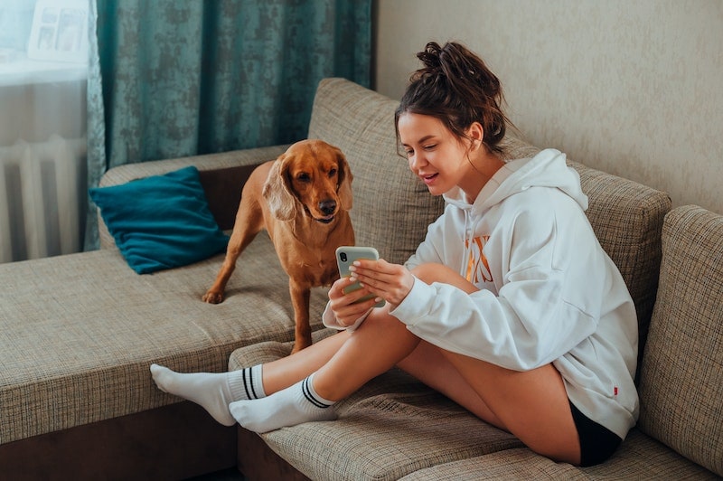 Woman showing phone to a brown dog