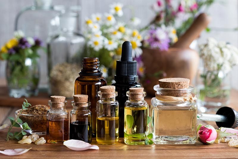 essential oils with various herbs and flowers
