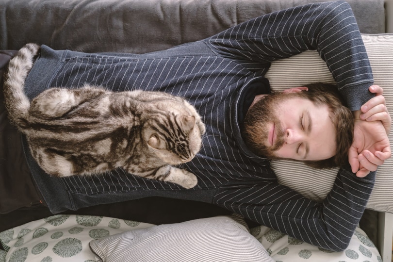 man sleeping with his cat