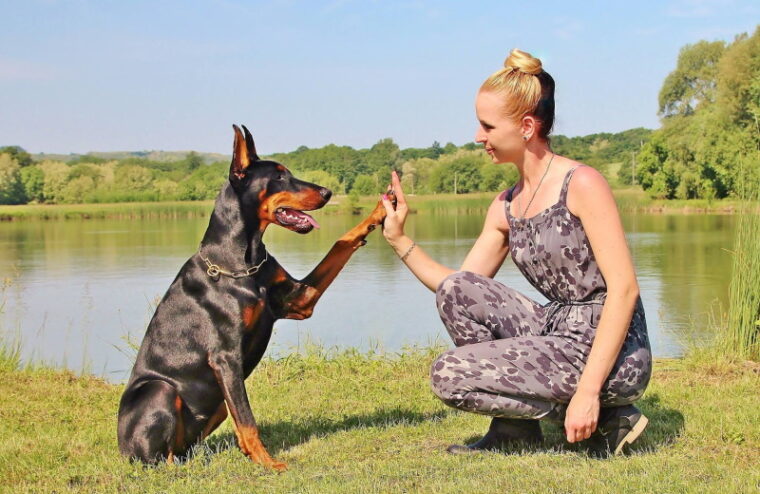 doberman and his owner near the lake