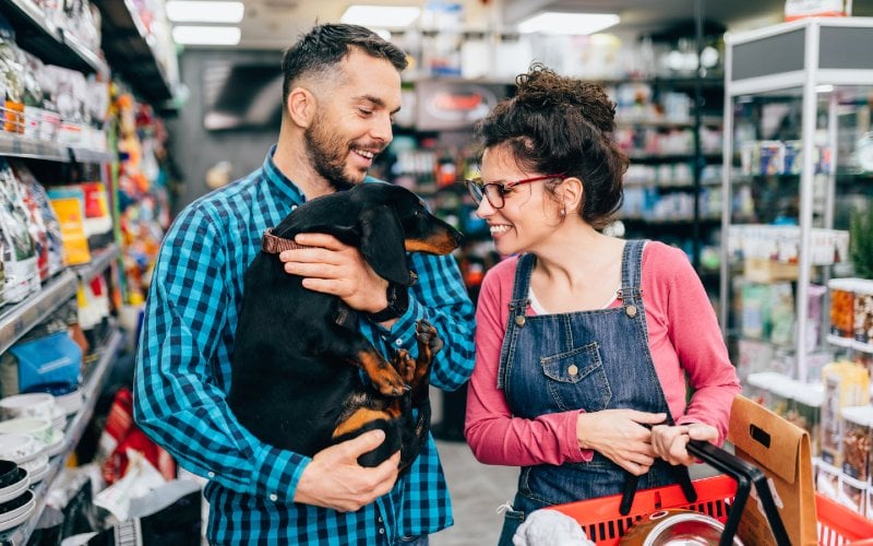 a couple with dachshund dog at a pet store