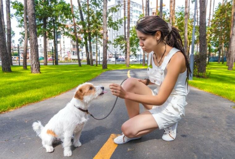 young woman talking to her pet dog in the park