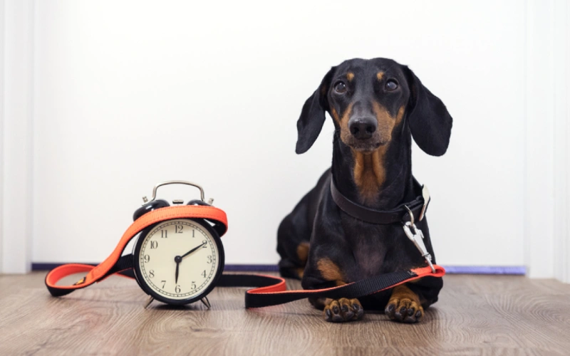 dachshund dog waiting to be walked beside an alarm clock