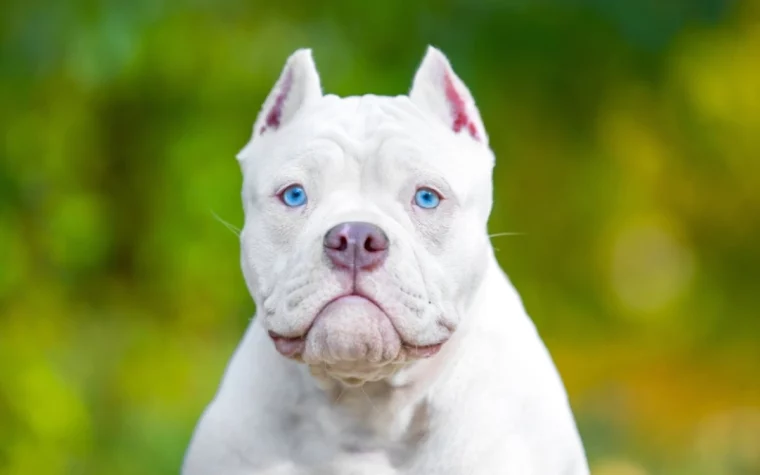white American bully dog with blue eyes and cropped ears