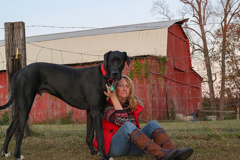 woman and her black great dane dog sitting on a grassy field