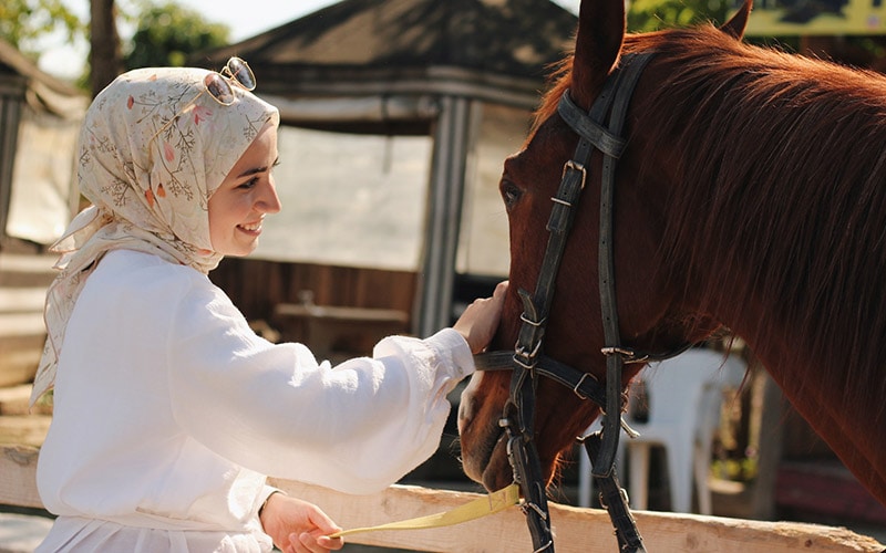 woman petting horse for equine therapy