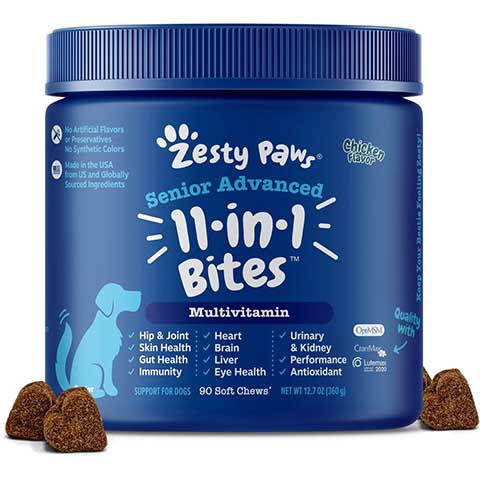 Zesty Paws Senior Advanced 11-in-1 Bites Chicken Flavored Soft Chews Multivitamin for Senior Dogs
