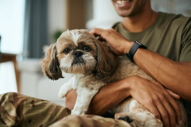 soldier cuddling his shih tzu dog