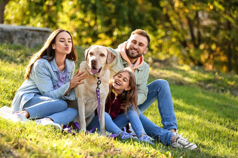 Familia feliz con perro labrador sentado en una manta en el parque