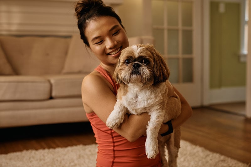 Holding her Shih Tzu dog at home