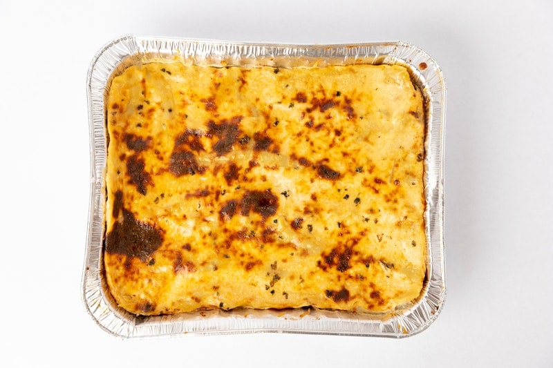 Baked Lasagna on a Disposable Food Tray