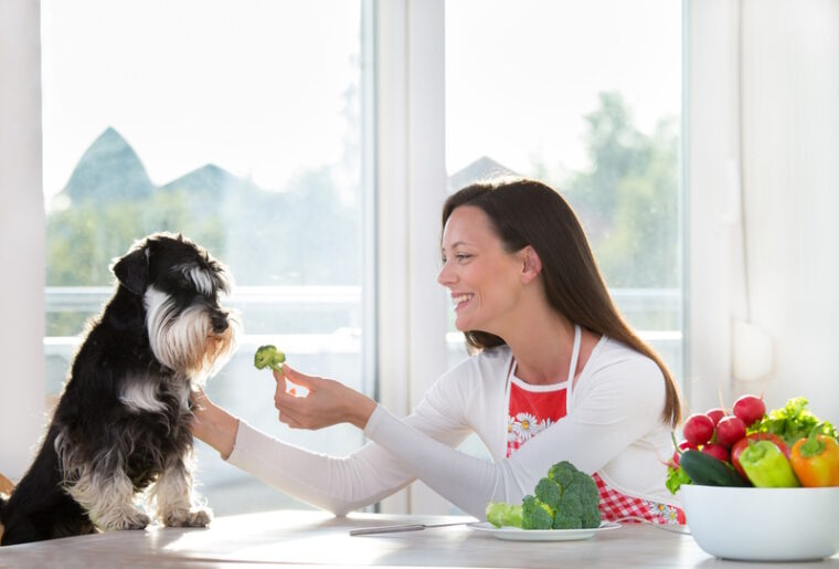woman giving broccoli to her dog