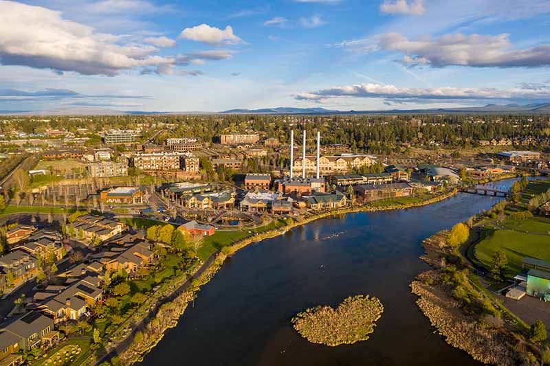 Aerial view of the Old Mill District in Bend Oregon