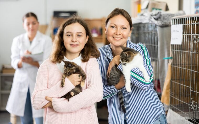 Girl and woman cat owners holding cats in shelter to adopt