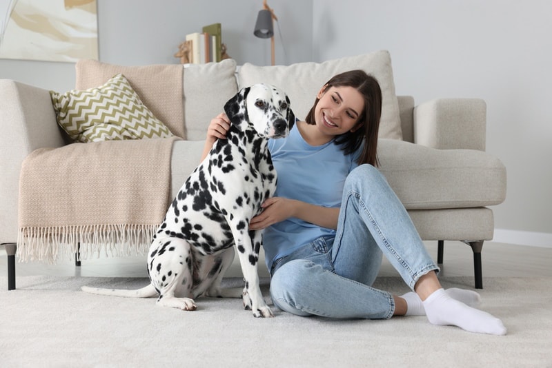 mujer con su perro dálmata en casa
