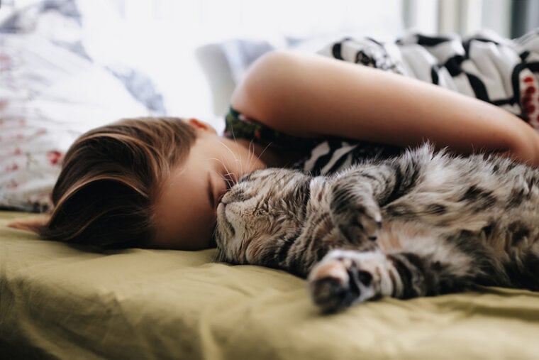 Cat and owner sleeping together on bed