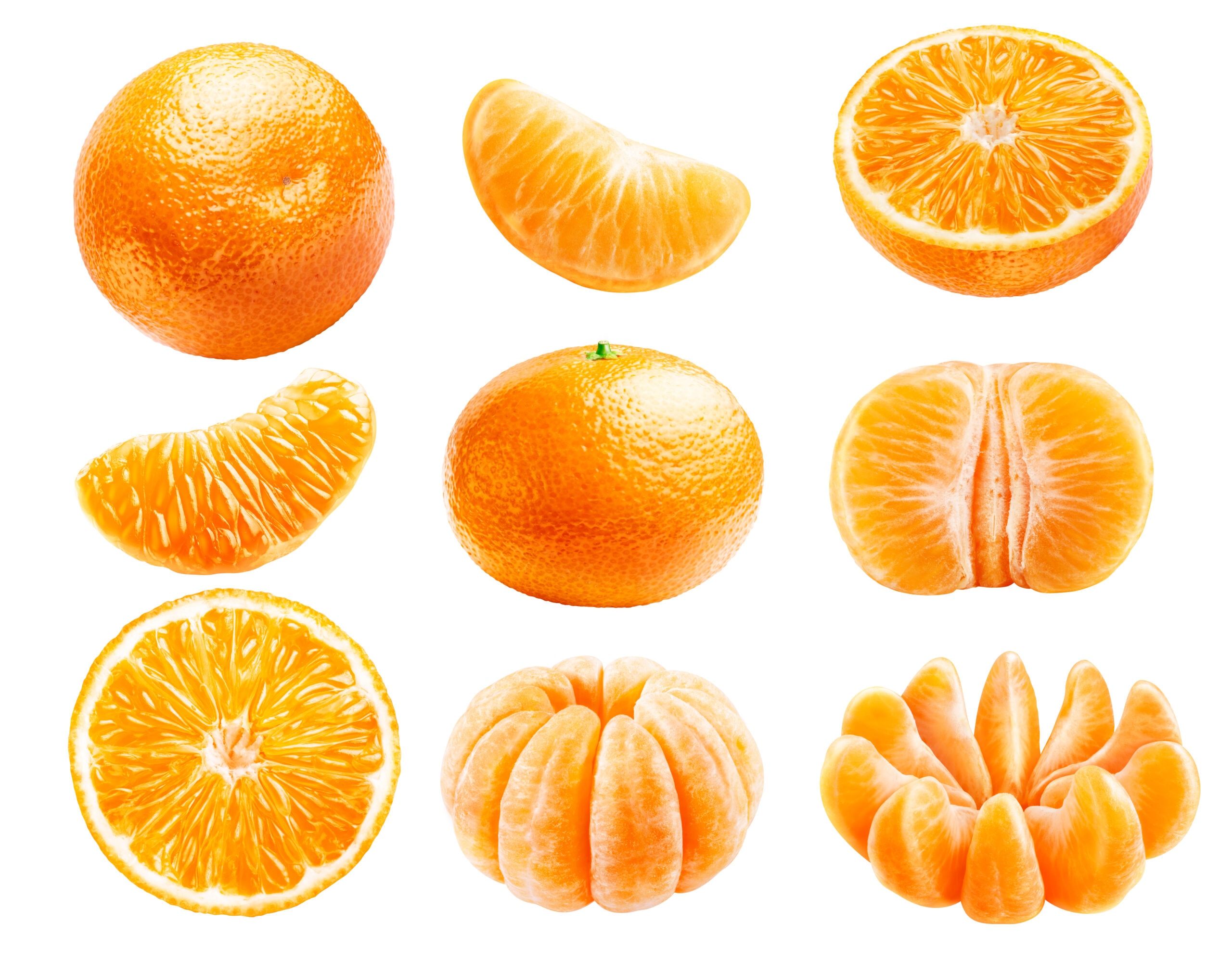 Set of whole ripe tangerines, juicy slices, peeled slices, isolated on a white background.