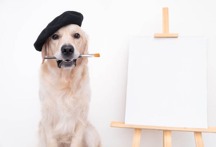 golden retriever dog with a beret, paint brush and easel