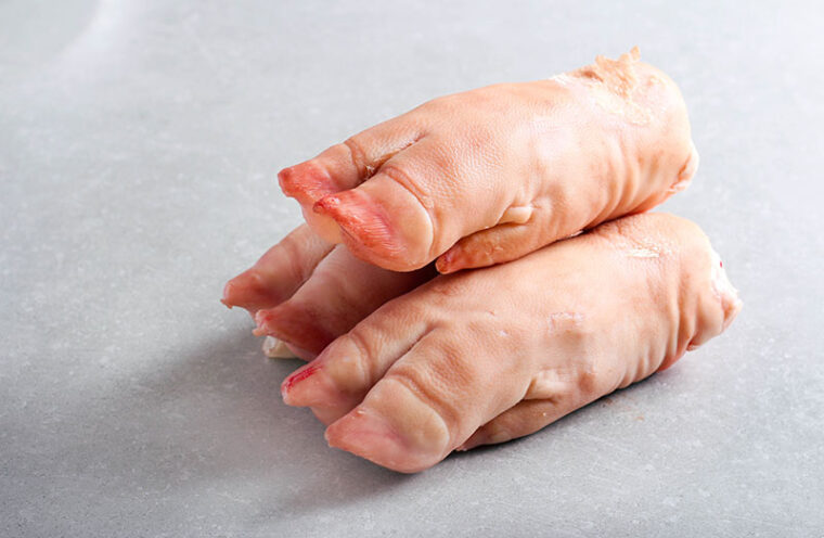 Raw pig feet over grey background