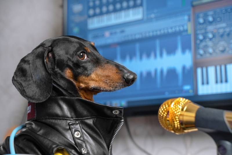 black and tan dachshund dog in a leather jacket is singing music