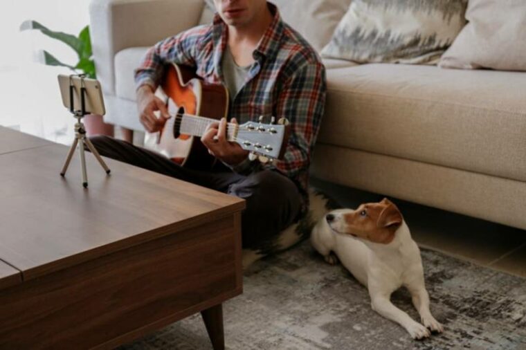 man playing guitar beside dog