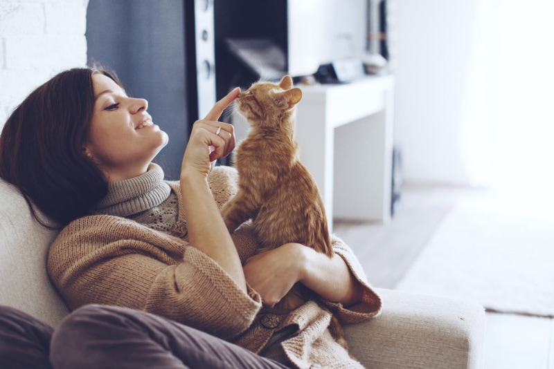 woman playing with her cat at home
