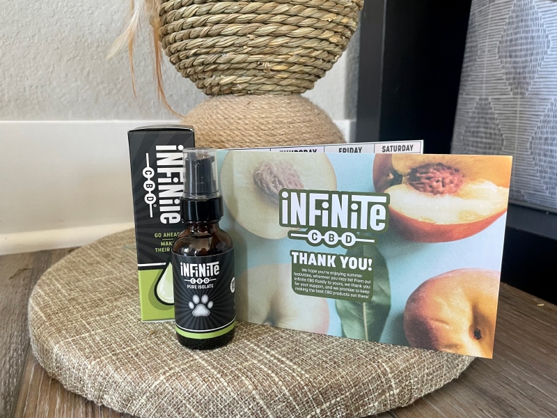 Infinite CBD Pet CBD Tincture - product and thank you note