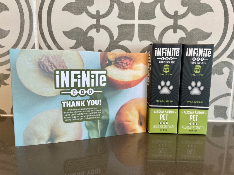 Infinite CBD Pet CBD Tincture - products and thank you note