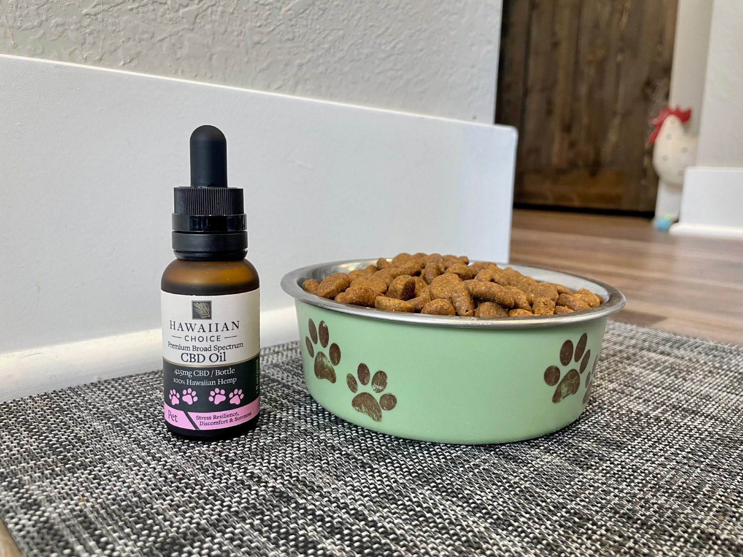 Rare Cannabinoid Dog CBD Oil - product bottle next to a bowl of dog food